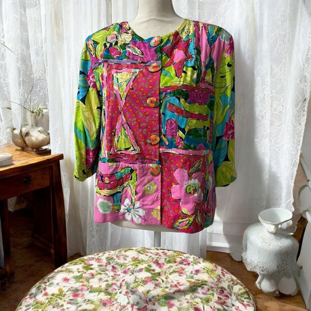 Sandy Starkman Art to Wear Patchwork 3/4 Sleeve Blazer‎ Top Size Large